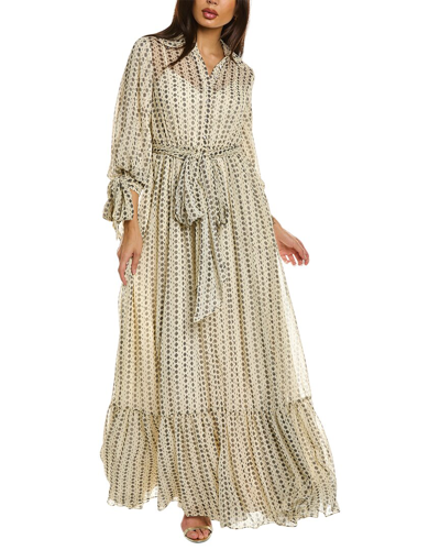 Badgley Mischka Diamond Striped Blouson-sleeve Shirt Gown In White