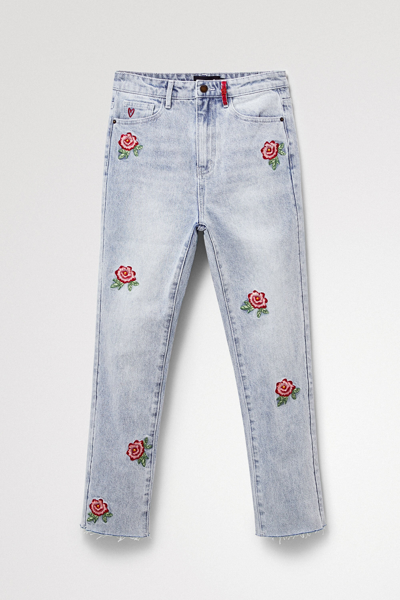 Desigual Straight Cropped Floral Jeans In Blue