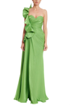 Badgley Mischka Botanical Leaf Ruched Ruffle Sweetheart Gown In Gold