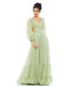 Mac Duggal Pleated Cut Out Long Sleeve Lace Up Tiered Gown In Sage