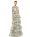 Mac Duggal Floral Printed Tiered Ruffle Long Sleeve Gown In Multi