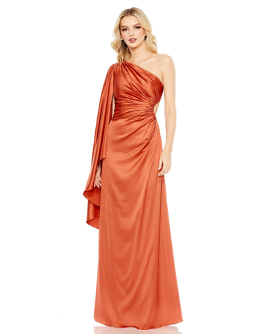 Mac Duggal Women's Ieena One Shoulder Long Sleeve Draped Gown In Rust