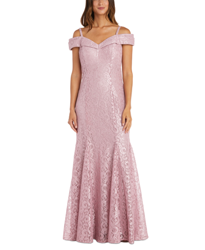 R & M Richards Off-the-shoulder Lace Gown In Rose