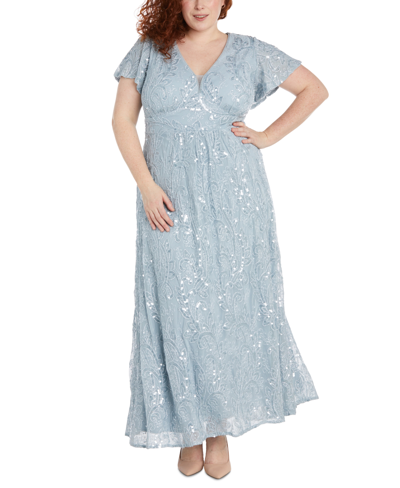 R & M Richards Plus Size Sequined Fit & Flare Gown In Light Blue