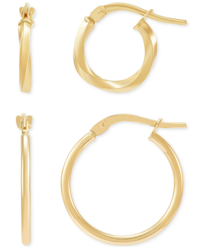 Italian Gold 2-pc. Set Polished & Twist Style Small Hoop Earrings In 10k Gold In Yellow Gold