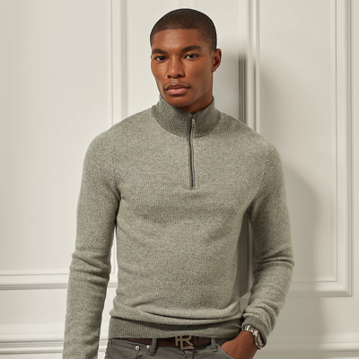 Ralph Lauren Cashmere Birdseye Quarter-zip Sweater In Green