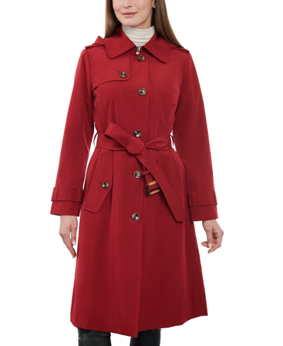 London Fog Women's Petite Hooded Double-breasted Trench Coat In Red Wood