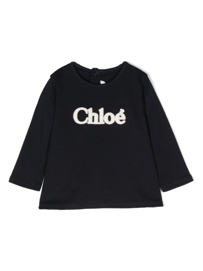 Chloé Babies' Logo-embossed Long-sleeve T-shirt In Blue