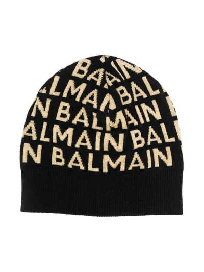 Balmain Babies' Monogram-logo Knitted Beanie In Black