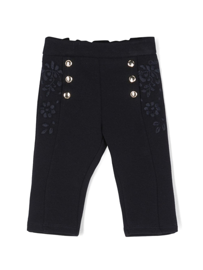 Chloé Babies' Floral-embroidered High-waisted Trousers In Blue