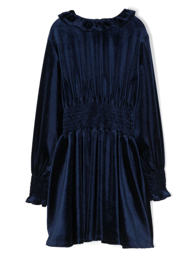 Simonetta Kids' Velvet Frilled-neck Dress In Blue