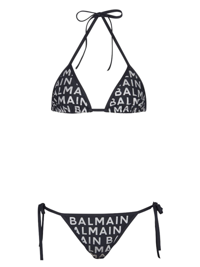 Balmain All-over Logo Print Bikini In Black