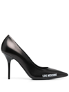 LOVE MOSCHINO LOGO-PRINT POINTED-TOE LEATHER PUMPS
