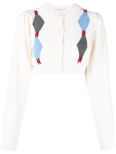 ALESSANDRA RICH ROSE-EMBROIDERED ARGYLE WOOL CARDIGAN