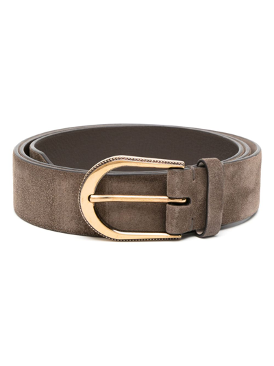 Brunello Cucinelli Suede Leather Belt With Round Belt Buckle In Brown