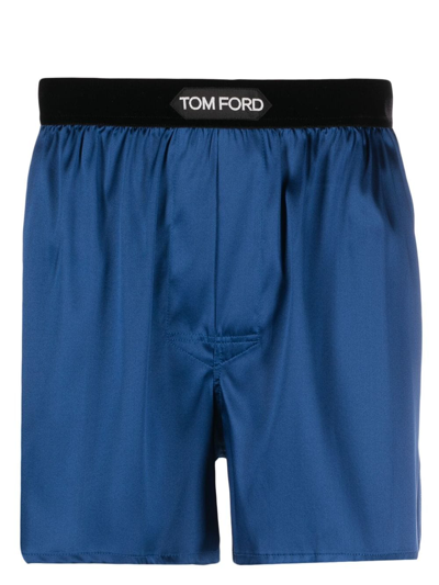 Tom Ford Logo-waistband Silk Boxers In Blue