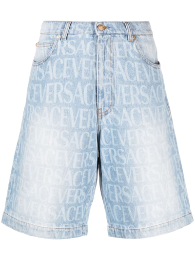 Versace Logo-print Denim Shorts In Blue