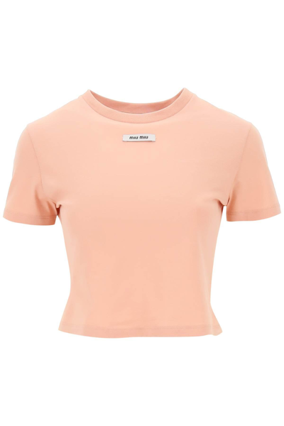 MIU MIU CROPPED T-SHIRT WITH LOGO LABEL 