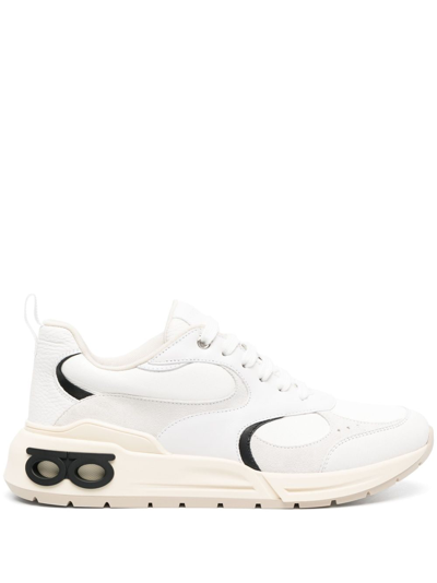 Ferragamo Cosimina Leather And Suede Sneakers In Optic White,black