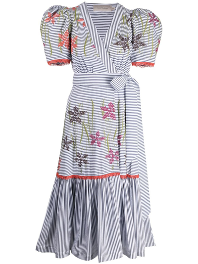 Silvia Tcherassi Nicola Floral-embroidered Striped Midi Wrap Dress In Blue Pinstripe Fl