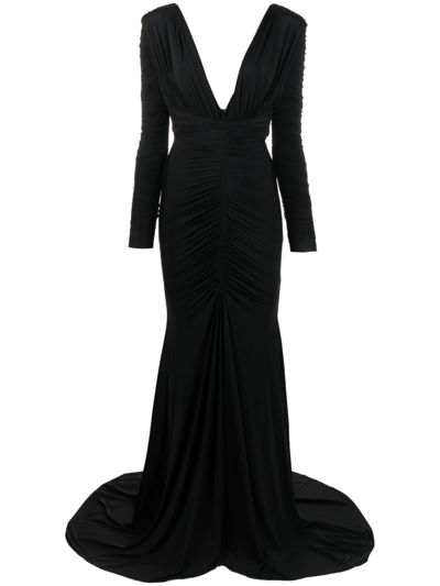 Alex Perry V-neck Long-sleeve Gown In Black