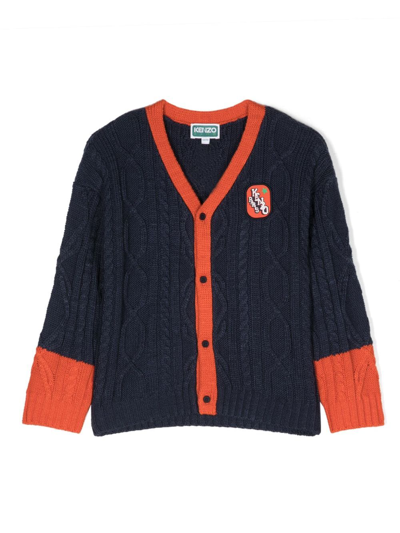 Kenzo Teen Boys Navy Blue Cable Knit Cardigan In Navy,orange