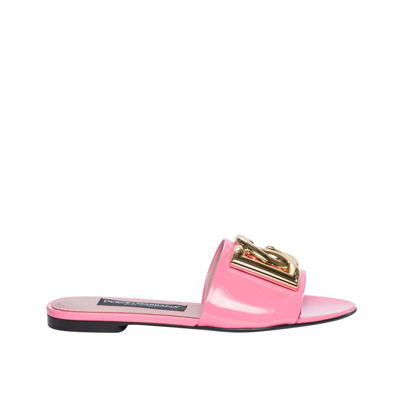 Dolce & Gabbana Logo-plaque Leather Slides In Pink