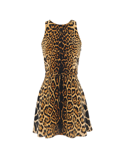 Saint Laurent Leopard Print Belted Mini Dress In Brown