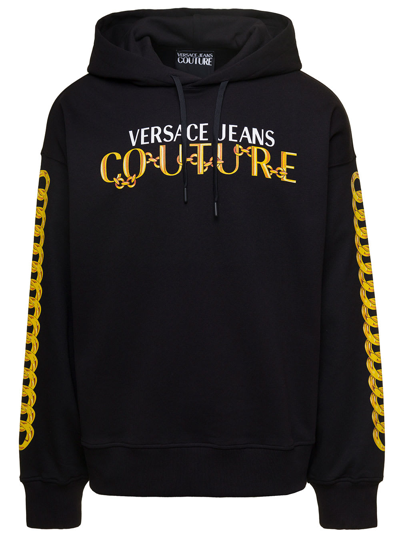 VERSACE JEANS COUTURE HOODIE WITH PRINTED LOGO AND CHAIN MOTIF IN BLACK COTTON MAN