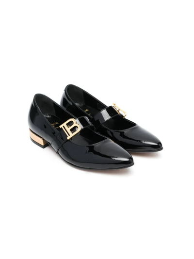 Balmain Kids' Logo Leather Ballerinas In Black