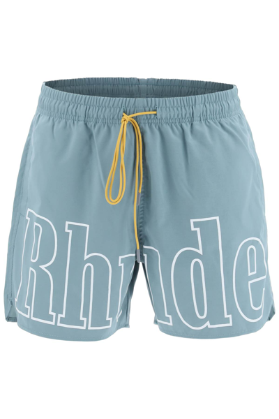 Rhude Green Printed Swim Shorts In Grey