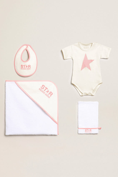 Golden Goose Baby Girl's 4-piece Bodysuit & Bib Bath Gift Set In White Pink