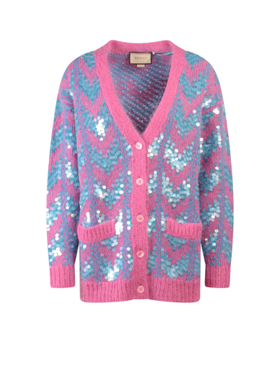 Gucci Chevron Mohair Wool Cardigan With Sequins In Multicolor