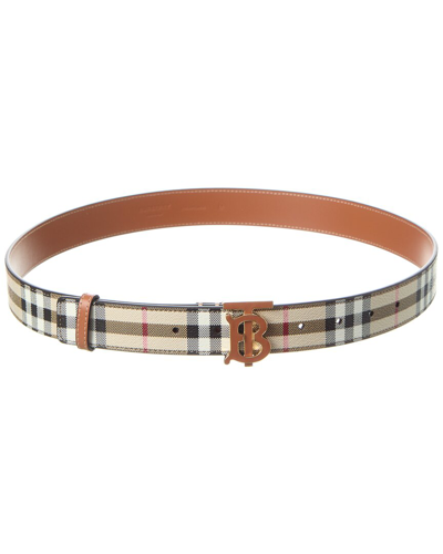 Burberry Tb Check E-canvas & Leather Belt In Brown