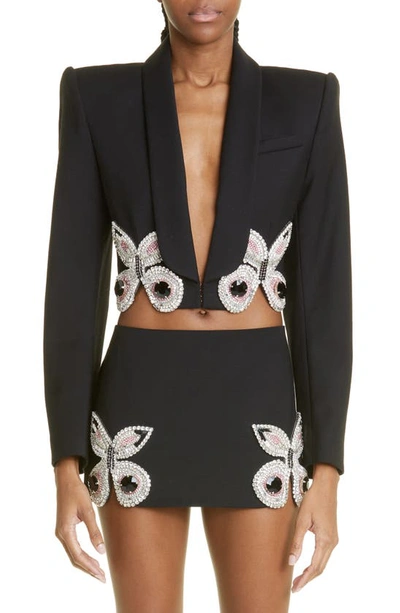 Area Embroidered Butterfly Cropped Blazer Jacket In Black