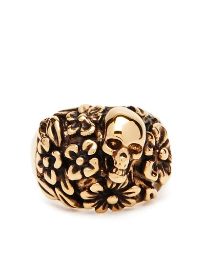 Alexander Mcqueen The Floral Skull Ring In Antique Gold