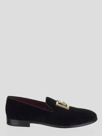 Dolce & Gabbana Dg-plaque Velvet Slippers In Negro