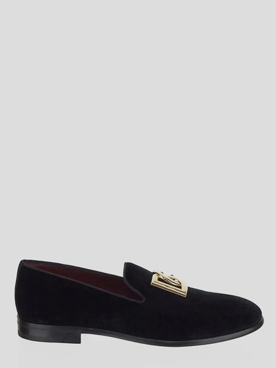 Dolce & Gabbana Dg-plaque Velvet Slippers In Black