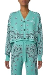 Amiri Bandana Print Button-front Cardigan With Logo Embroidery In Teal-egyptian Cotton