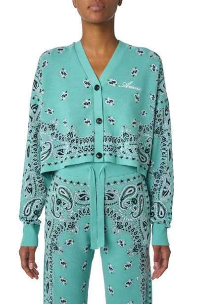 Amiri Bandana Print Button-front Cardigan With Logo Embroidery In Cyan