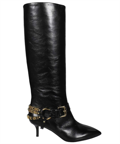 Moschino Mini Lettering Shiny Calfskin Boots In Black