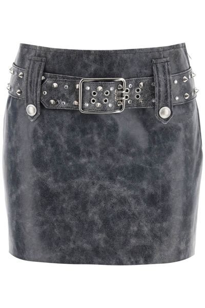 Alessandra Rich Leather Mini Skirt With Belt And Appliques In Black