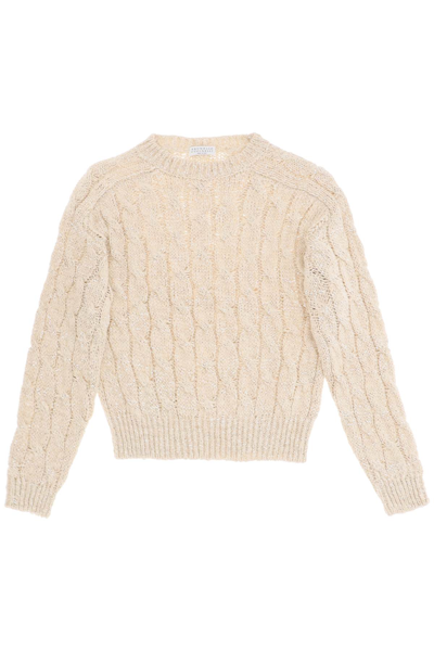 Brunello Cucinelli Metallic Cable-knit Sweater In Beige