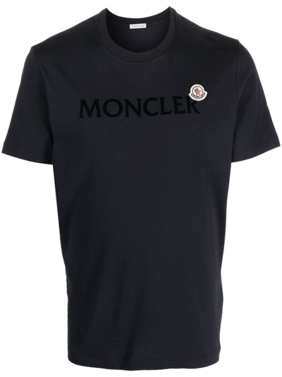 Moncler Flocked Logo Cotton T-shirt In Black
