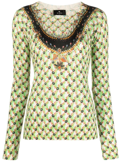 Etro Cashmere Micro-floral Knit Top In Green