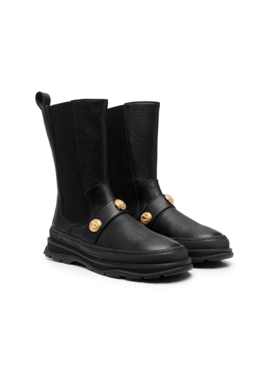 Balmain Kids' Embellished Leather Boots In Black