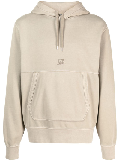 C.p. Company Logo-embroidered Fleece Hoodie In Neutrals