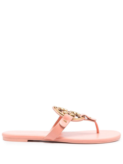 Tory Burch Logo-plaque Flat Slides In Pink