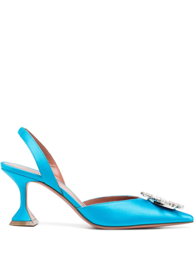 Amina Muaddi Begum 95 Crystal-embellished Silk Slingback Pumps In Blue