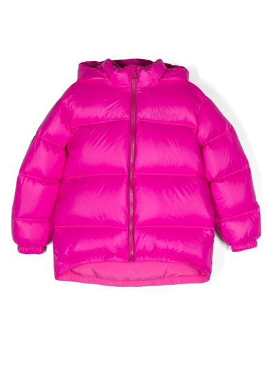 Versace Kids Logo Detailed Zipped Down Jacket In Fuchsia